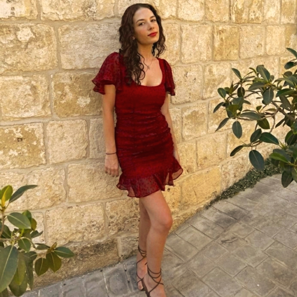 Saints and Secrets red floral pattern ruched mini dress bought at Selfie Leslie